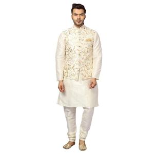 Men's Silk Blend Kurta Pyjama with Stylish Embroidered Ethnic Jacket