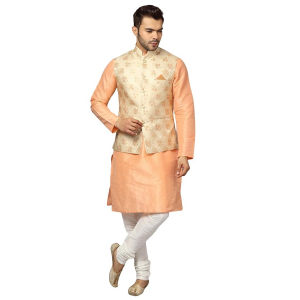 Men's Silk Blend Kurta Churidar Pyjama with Stylish Nehru Jacket