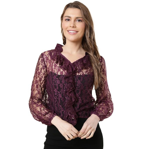Burgundy Floral Print Ruffles Lace Top