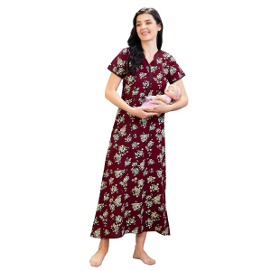 Women Cotton Printed Maternity Feeding Maxi Maternity Nighty