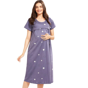 Women Cotton Printed Maternity Nursing & Feeding Relaxed Fit Nighty
