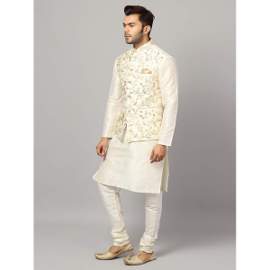 Men's Silk Blend Kurta Pyjama with Stylish Embroidered Ethnic Jacket