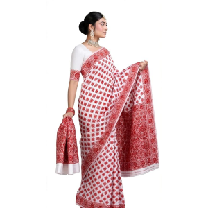 White and Red Cotton Saree for Women