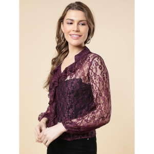 Burgundy Floral Print Ruffles Lace Top