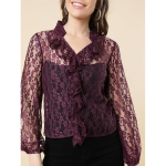 Burgundy Floral Print Ruffles Lace Top